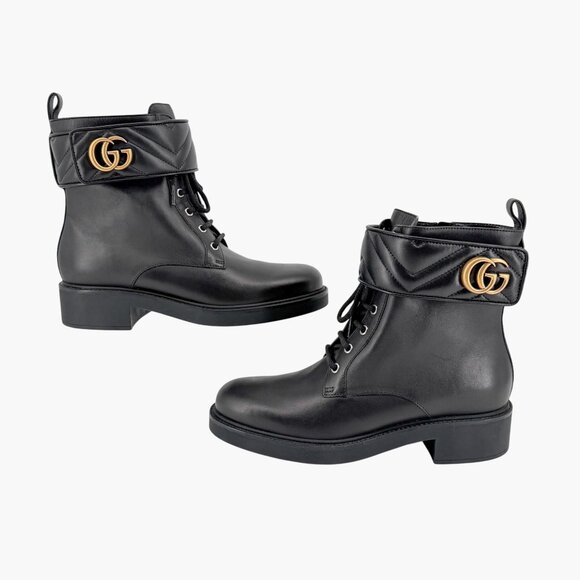 Gucci Marmont GG Black Leather Lace Up Combat Boots Size 41 US 11 Women's - Picture 8 of 15